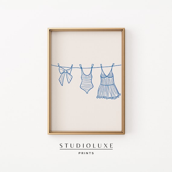 Swimsuits on a Clothesline Blue Line Drawing Coastal Summer Poster