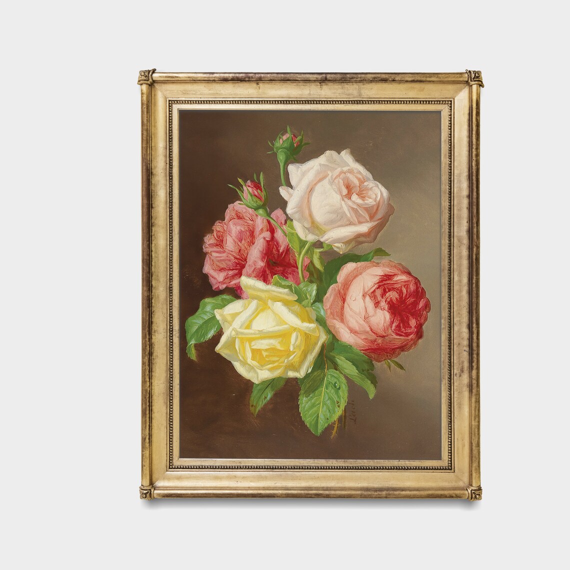 Loose Pink White and Yellow Garden Roses Vintage Floral Poster - Image 3