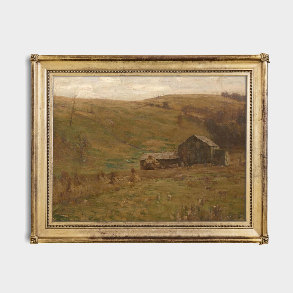 Golden Rolling Farm Hills with Barn and Haystacks Vintage Poster - Image 2