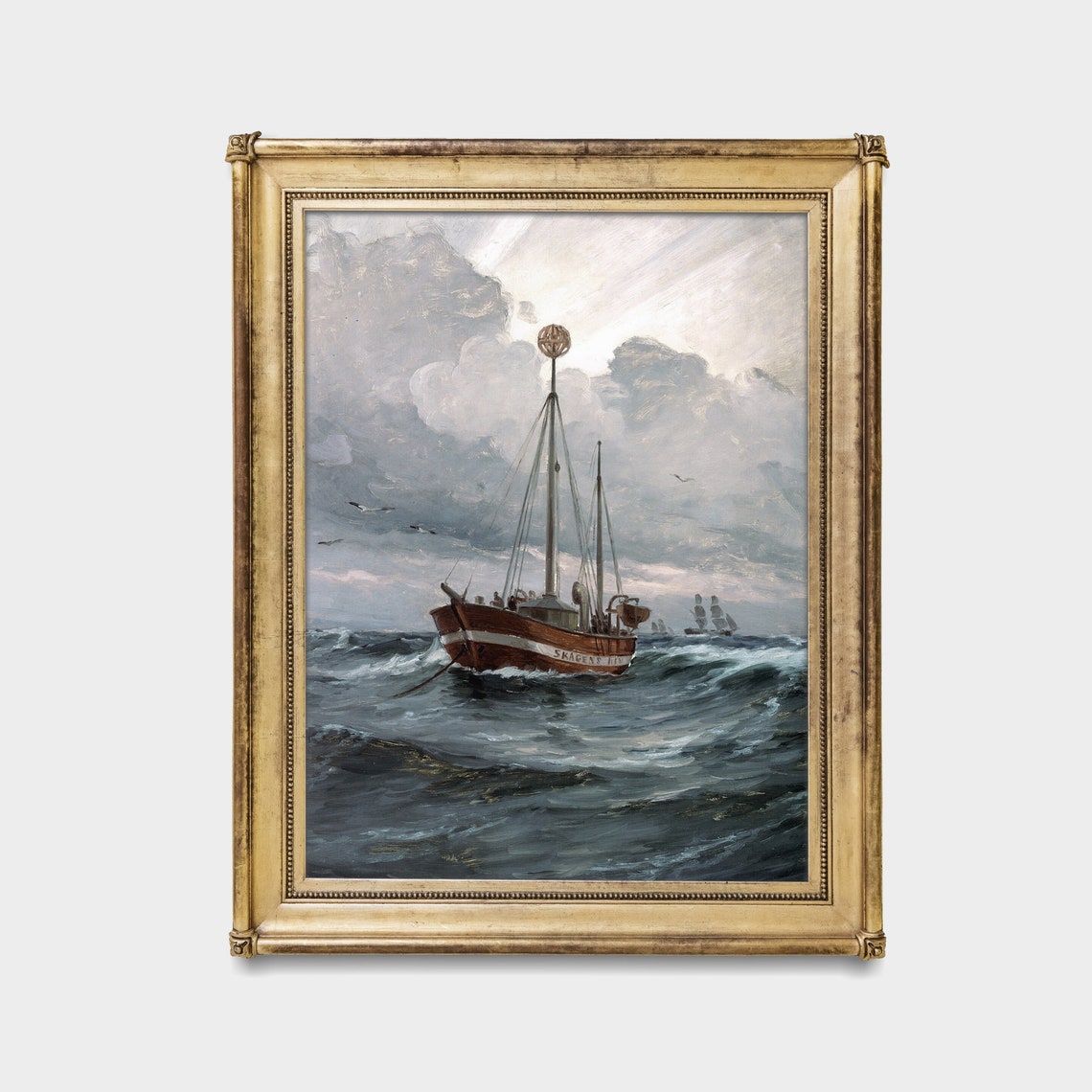 Fishing Boat Battling Storm Waves Dramatic Seascape Painting Poster - Image 2