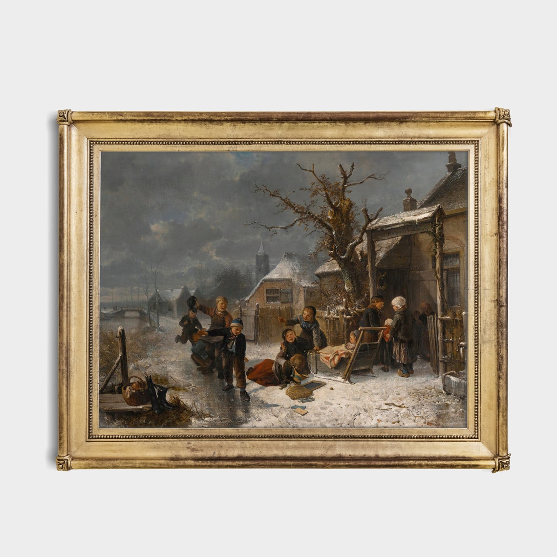 Children Playing in the Snow Outside a Cottage Vintage Winter Poster - Image 2