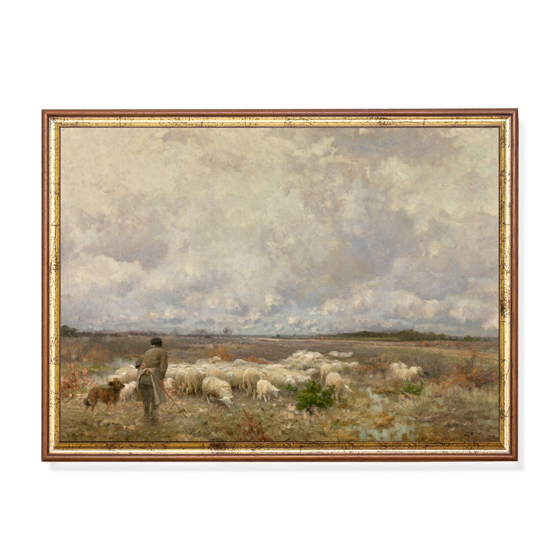 Shepherd and Sheep Dog Watching a Flock at Dusk Painting Poster