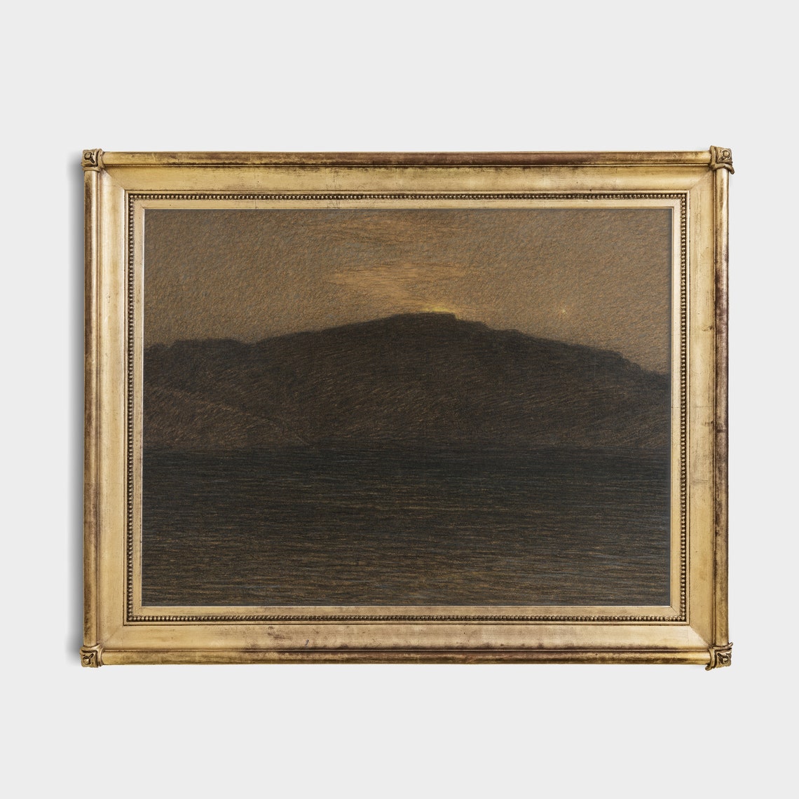 Dark Mountain Ridge Over Water at Night Antique Charcoal Study Poster - Image 4