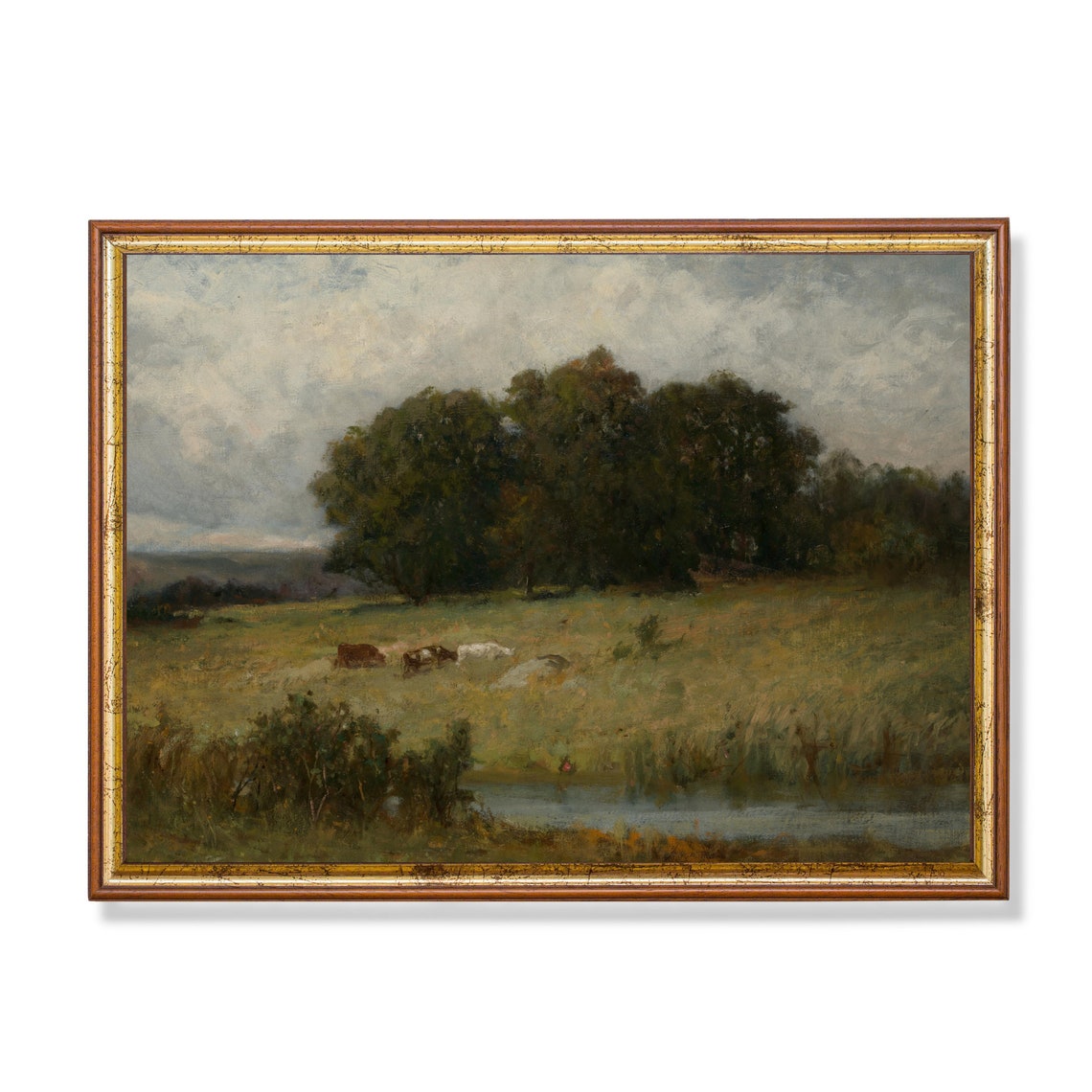 Cows Grazing by a Stream in a Moody Pasture Antique Oil Poster