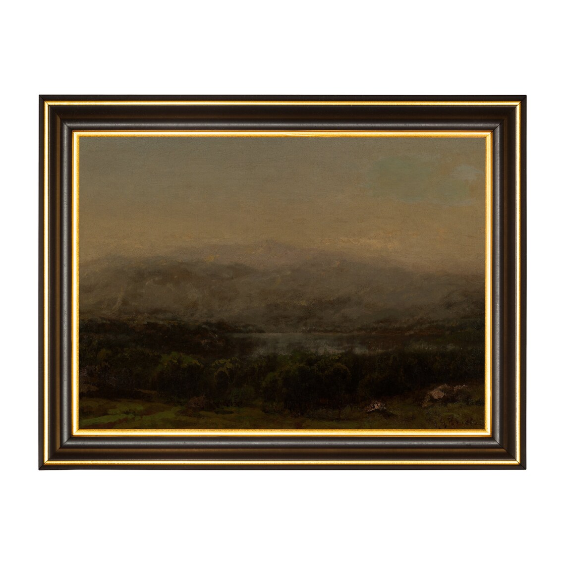 Misty Mountains Over a Dark Lake at Dusk Moody Tonal Landscape Poster - Image 3