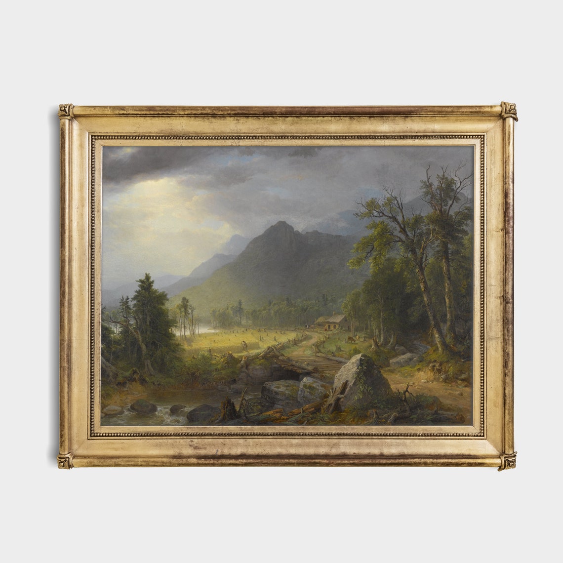 Grand Mountain Valley with a Cabin and Stream at Dawn Poster - Image 2