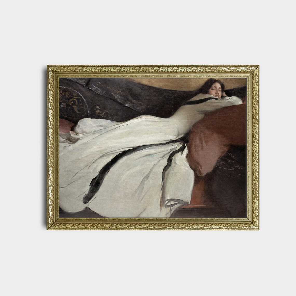 Reclining Woman in White Gown Moody Interior Vintage Portrait Oil Print - Image 2