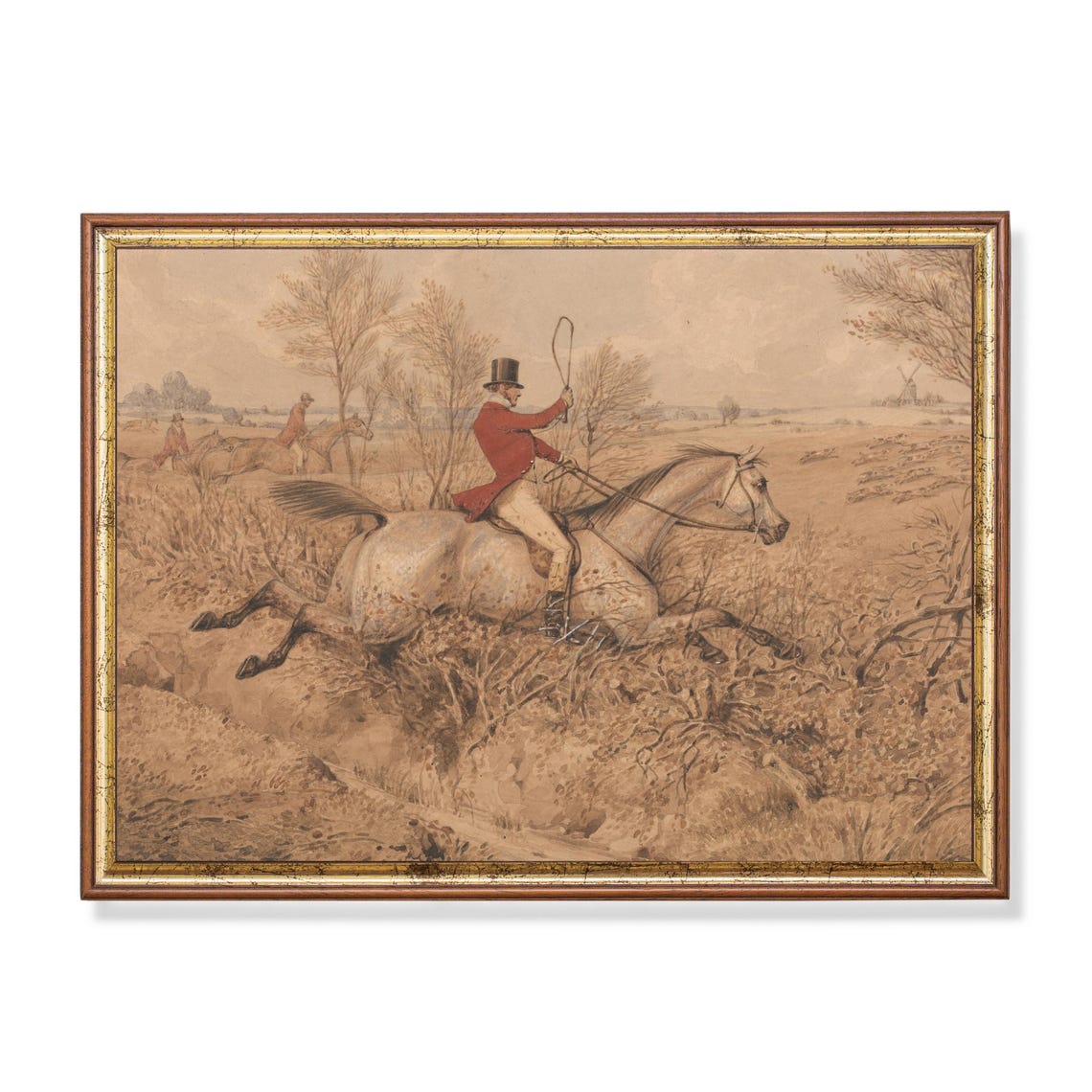 Fox Hunter in Red Coat Jumping Ditch Vintage Equestrian Poster