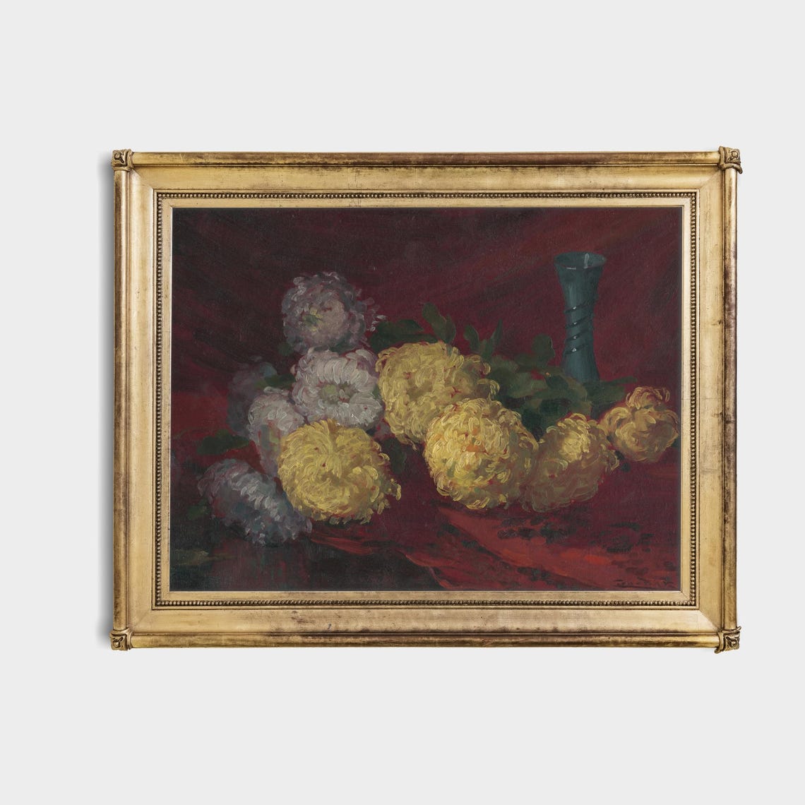 Yellow and White Chrysanthemums Still Life with Blue Vase Poster - Image 4
