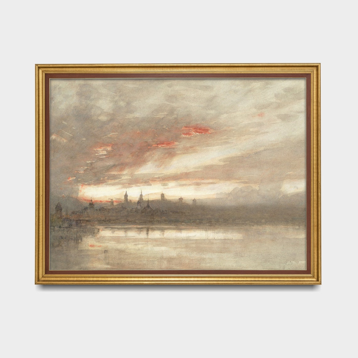 Misty City Skyline with Church Spires across Calm Water at Dusk Poster - Image 3