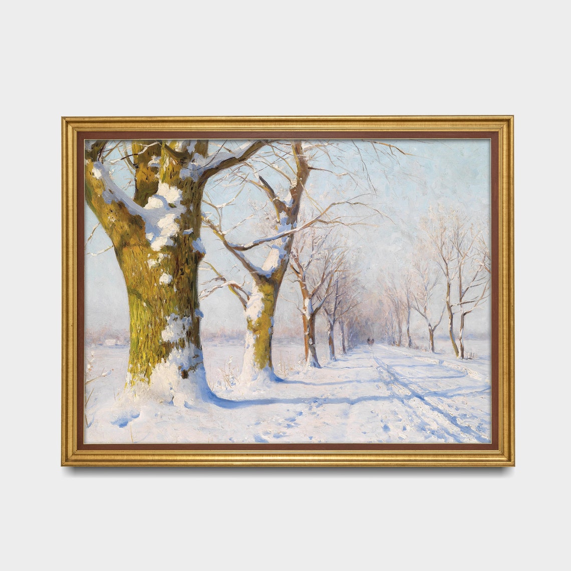 Sunlit Snowy Avenue of Tall Trees Stretching Into Distance Poster - Image 2