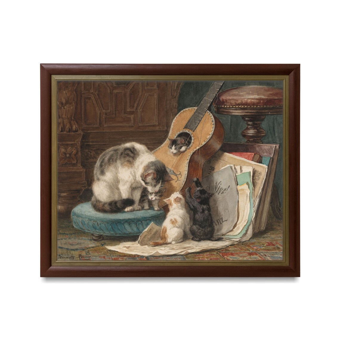 Vintage Mother Cat Kittens Playing Guitar Sheet Music Oil Painting Poster - Image 3