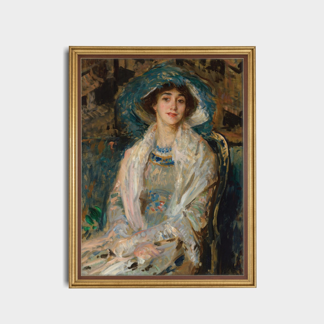 Young Woman in Feathered Blue Hat Impressionist Portrait Poster - Image 2
