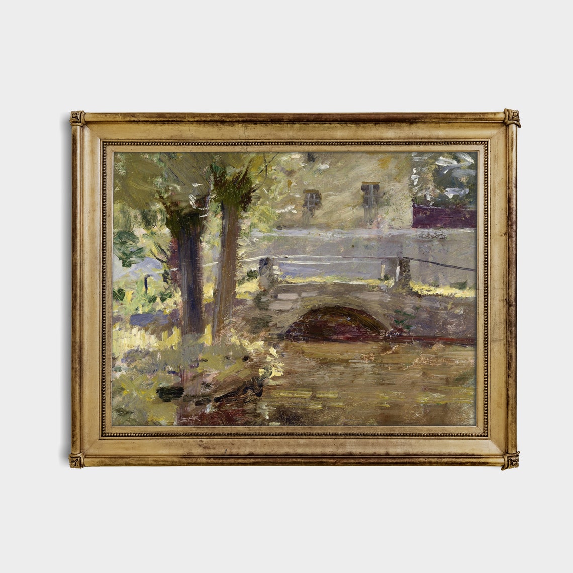 Stone Bridge Over River Beside Village Vintage Landscape Poster - Image 4