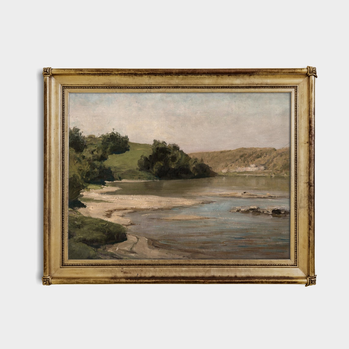 Serene Riverbank Oil Painting with Sandy Shore and Hills Poster - Image 3