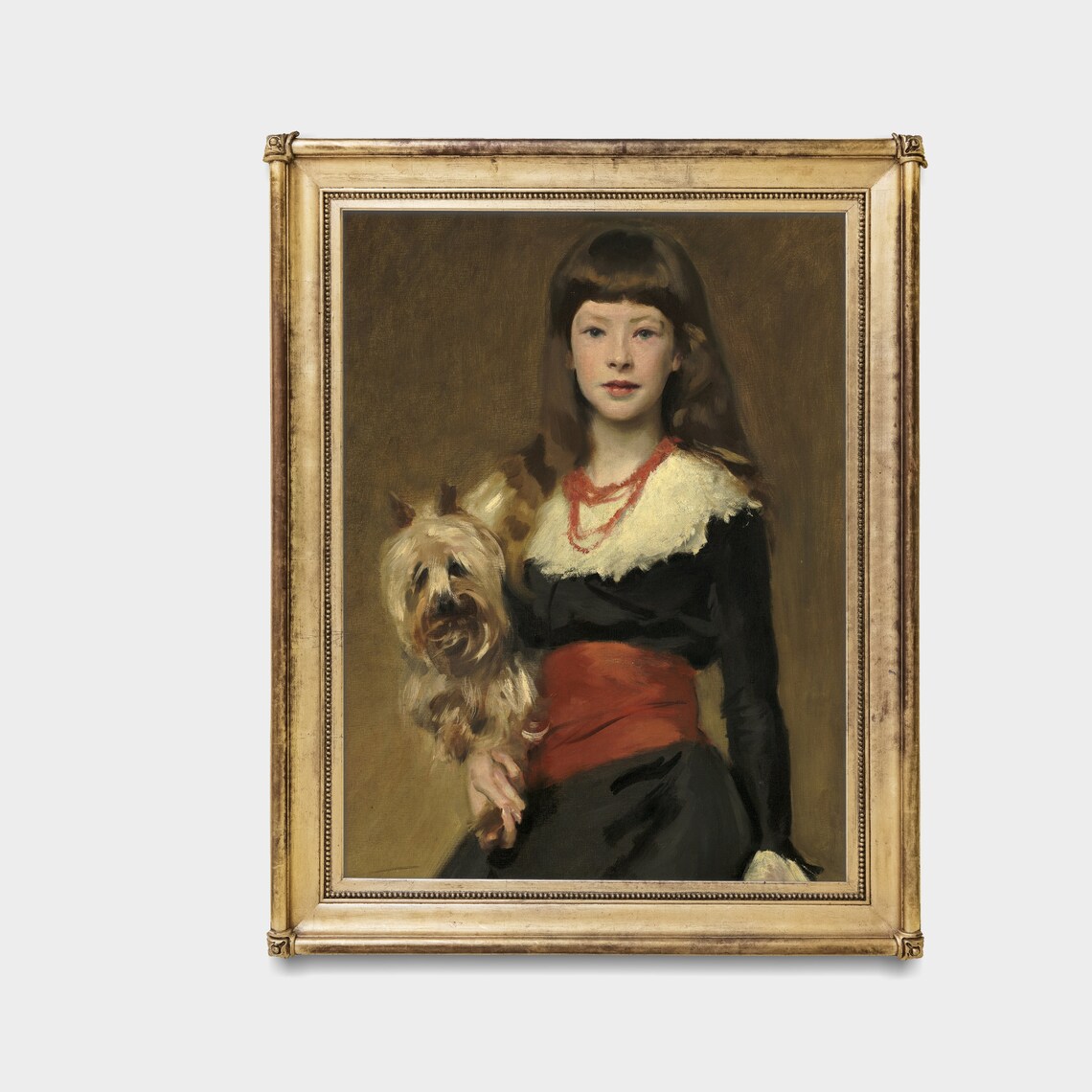 Young Girl Holding a Terrier Dog With a Coral Necklace Poster - Image 3