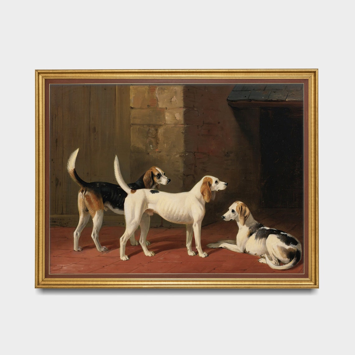 Three Foxhounds In The Kennel Antique Sporting Dog Painting Poster - Image 4