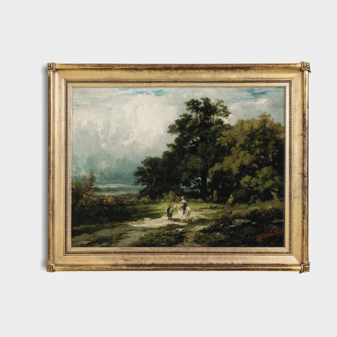 Rider on White Horse on Forest Path Antique Landscape Poster - Image 4