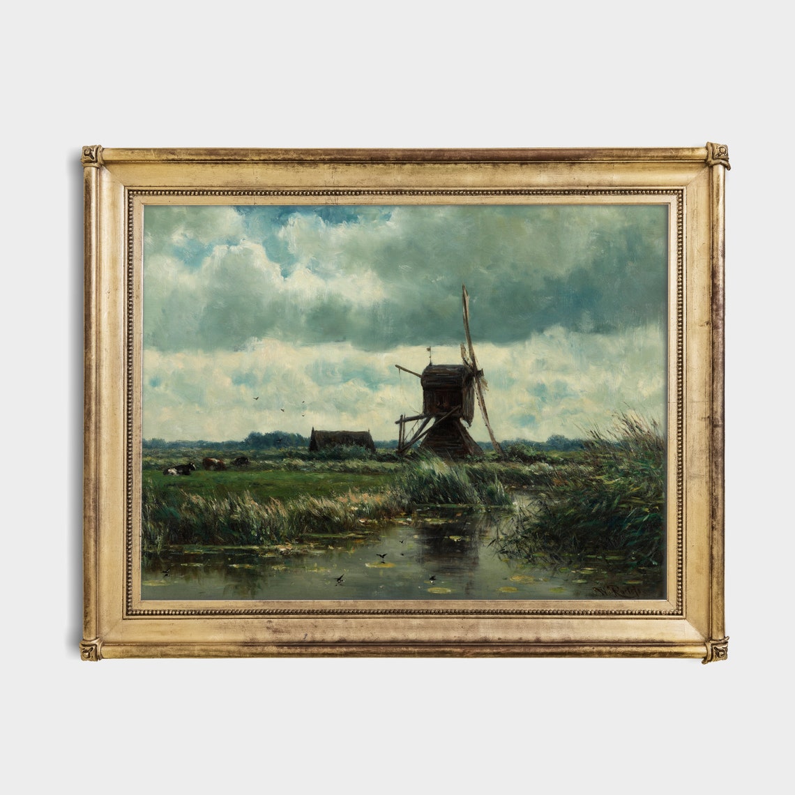 Windmill by a Reedy River with Cows Grazing in the Meadow Poster - Image 2