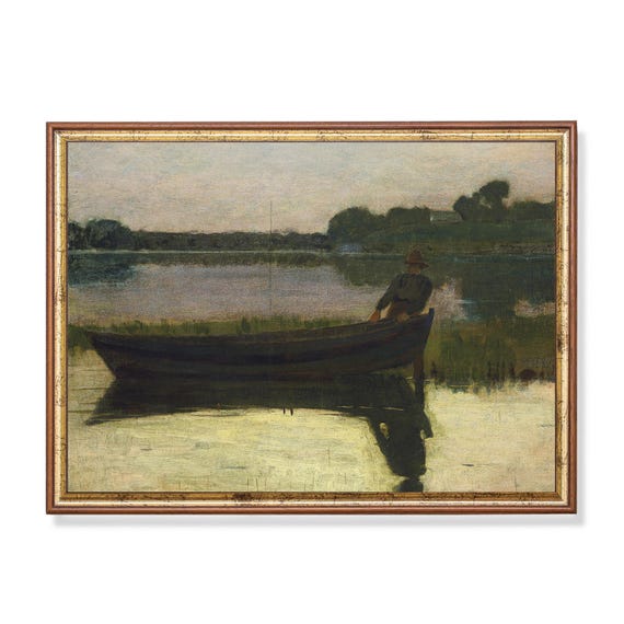 Printed And Shipped Vintage Lake Painting Antique River Landscape Print Rustic Fisherman Fine Art Farmhouse Decor Physical Prints
