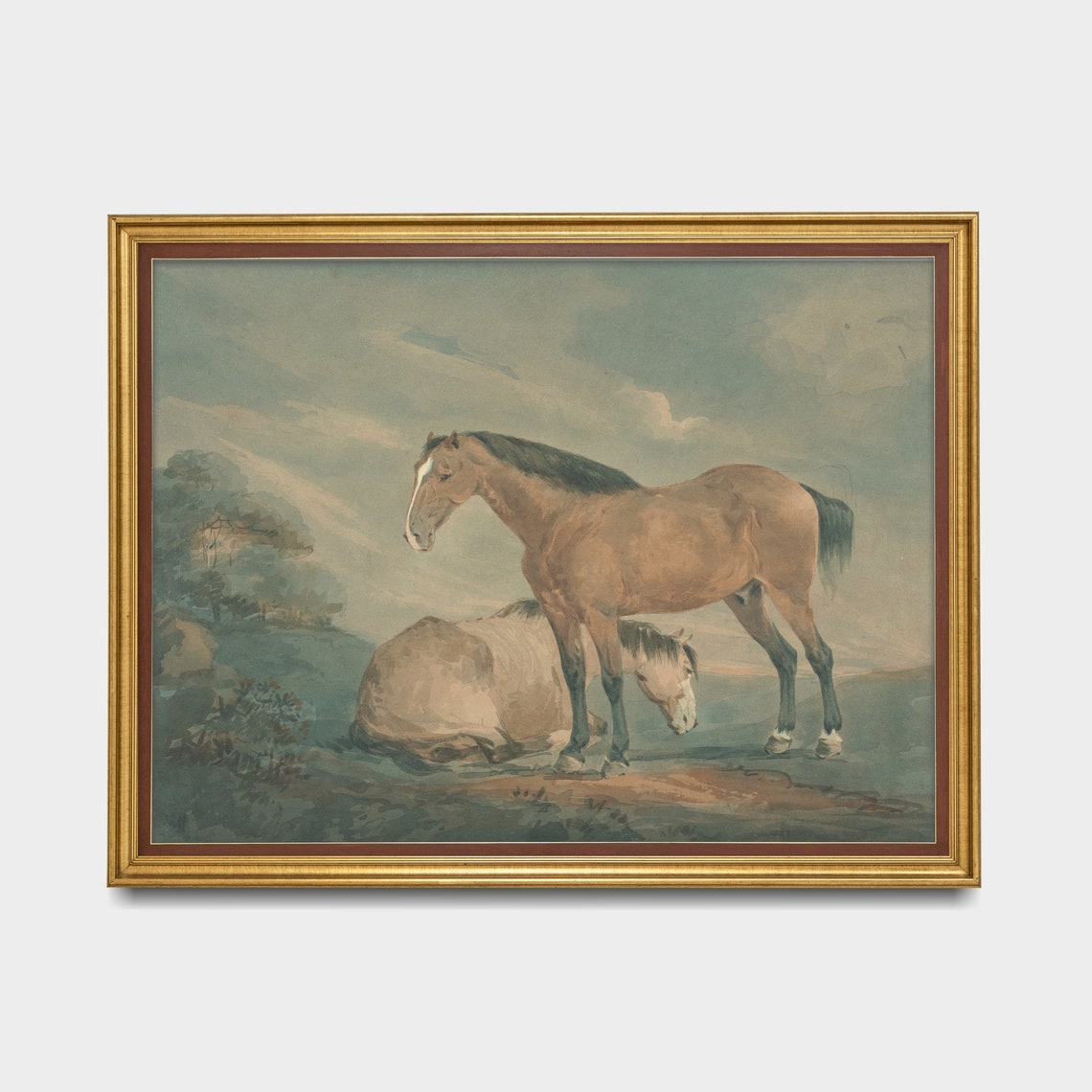 Two Horses Resting Together in a Soft Watercolor Field Poster - Image 5
