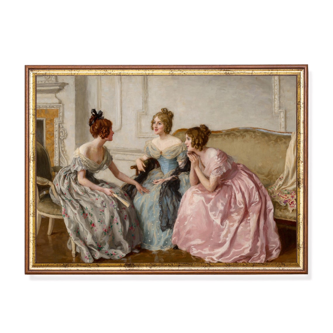 Three Victorian Women in Silk Gowns Sharing Secrets Parlor Poster