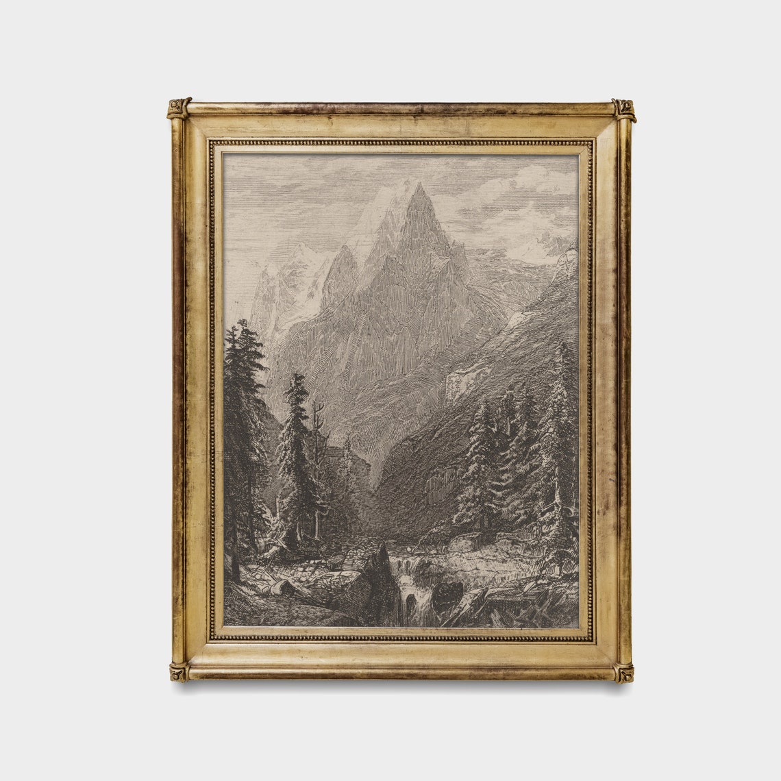 Snowy Alpine Peak Engraving with Pines Antique Mountain Poster - Image 4