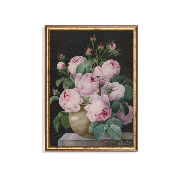 Vintage Still Life With Flowers Antique Floral Print Pink Roses In A Vase Wall Art Rustic Moody Art