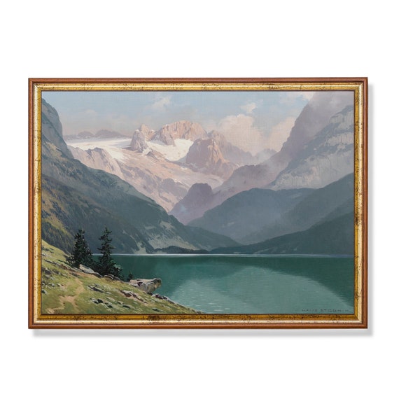 Vintage Mountain Lake Painting Antique Landscape Print Farmhouse Decor Wall Art Nature Rustic Fine Art