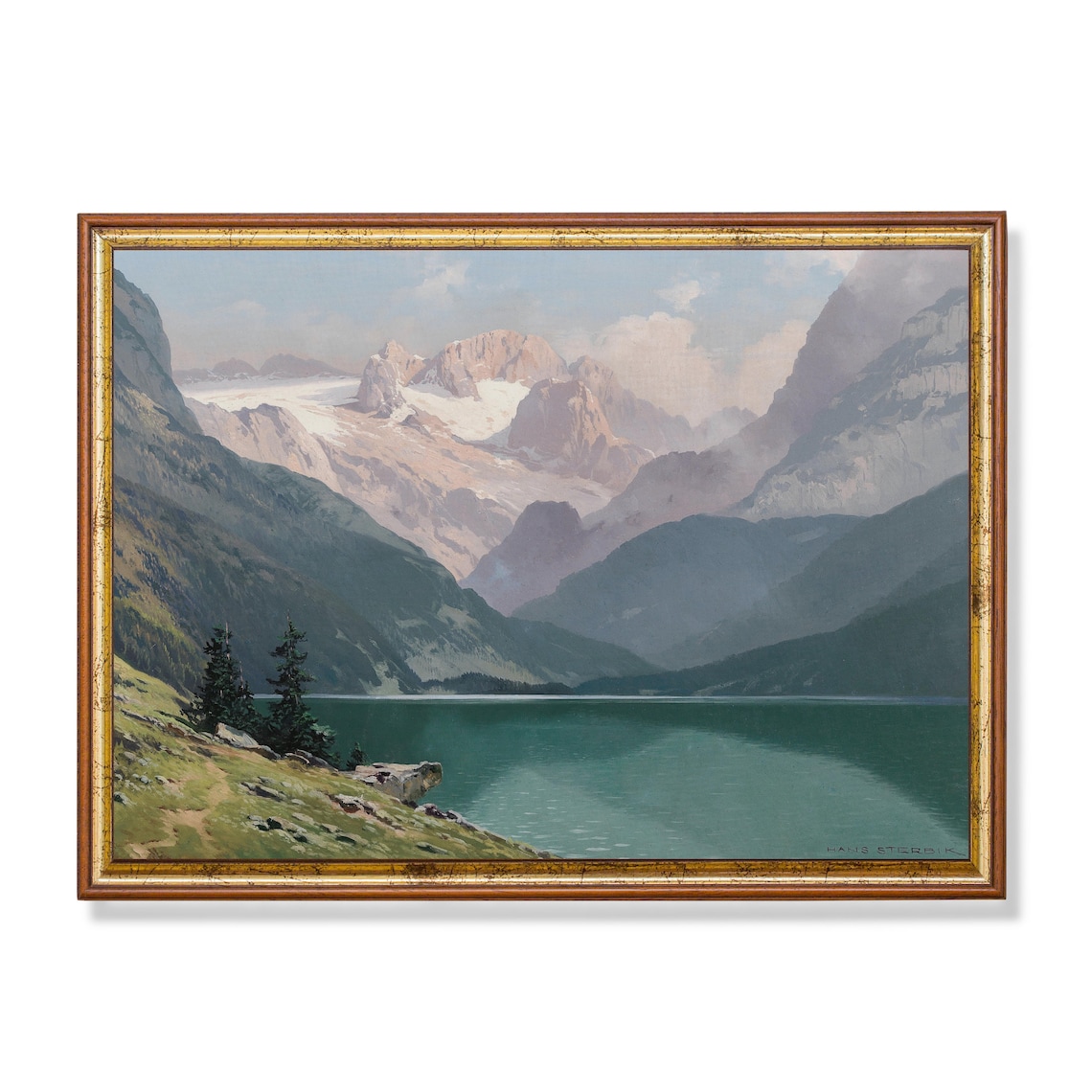Alpine Mountain Lake Painting Signed Vintage Landscape Wall Art
