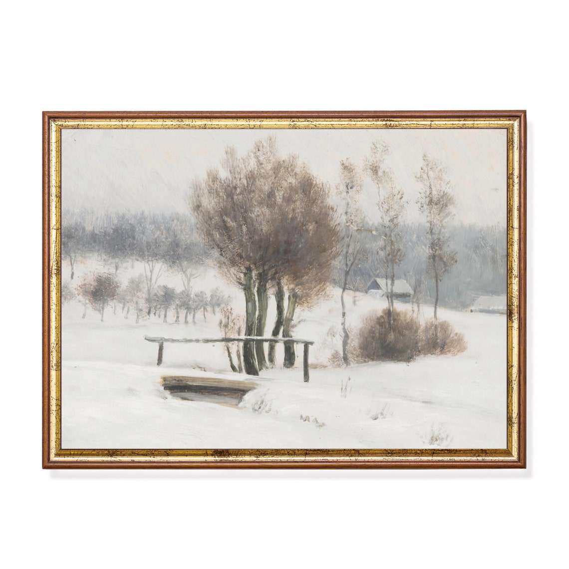 Rustic Wooden Footbridge Over a Quiet Snowy Winter Stream Poster