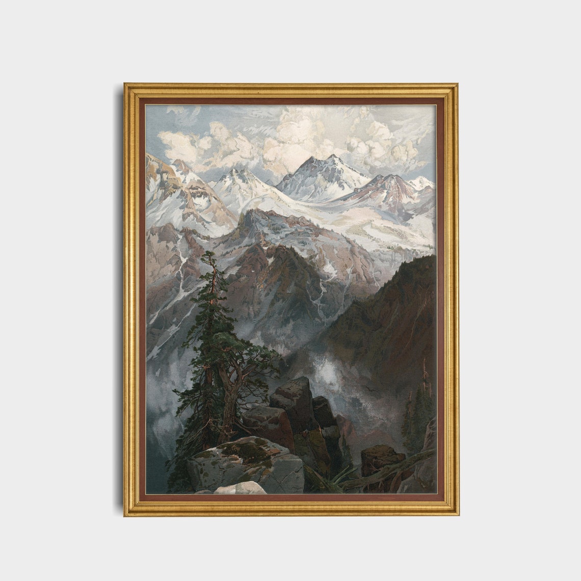 Snowy Mountain Peaks Painting Alpine Vista Vintage Landscape Wall Art - Image 5