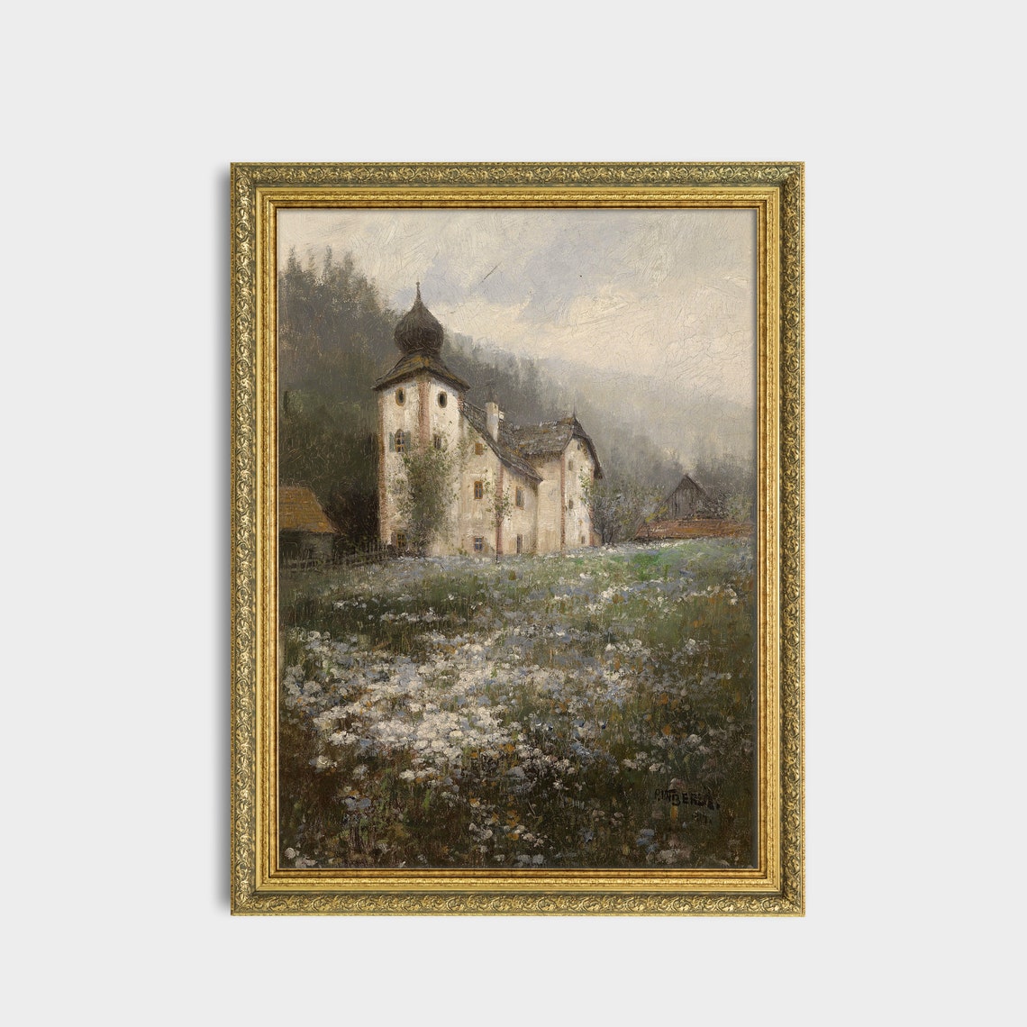 Alpine Church with Onion Dome in a Wildflower Meadow Scene Poster - Image 3