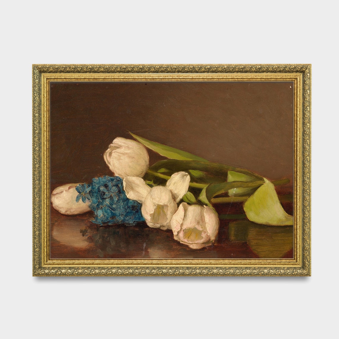 White Tulips and Blue Hyacinth on Dark Table Still Life Poster - Image 2