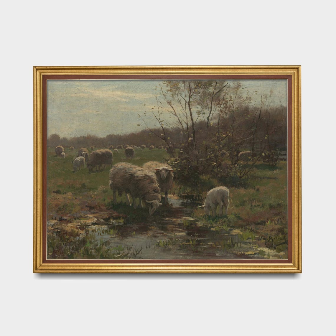 Sheep Grazing by a Stream in a Pastoral Meadow Painting Poster - Image 5
