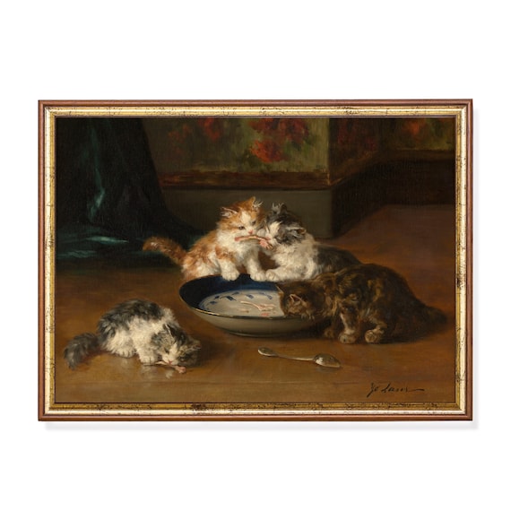 Four Kittens Sharing Bowl of Food Kitchen Table Vintage Cat Poster