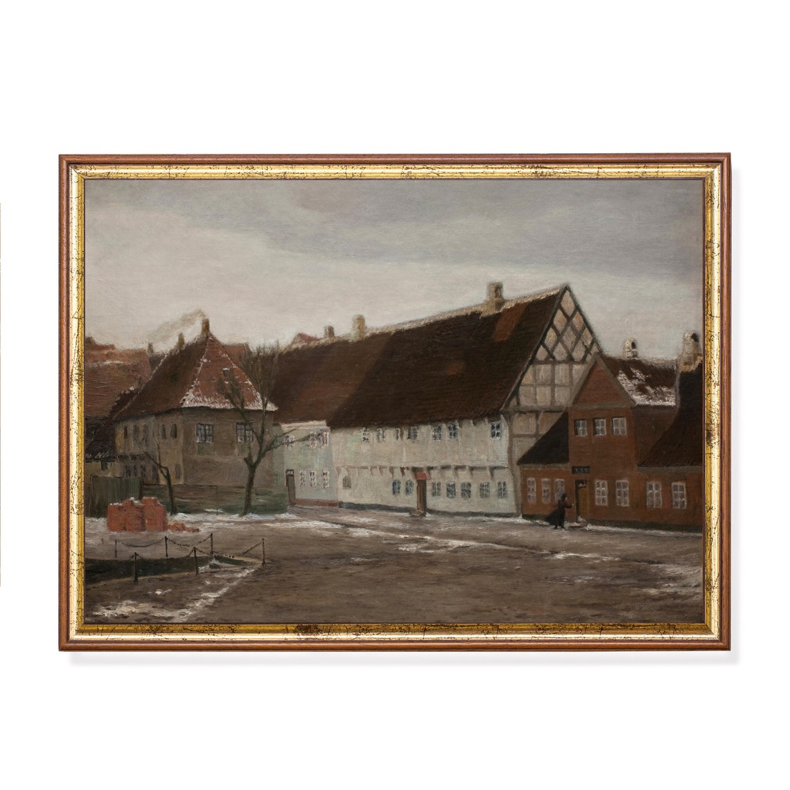 Old European Town Square with Half-Timbered Houses in Winter Poster