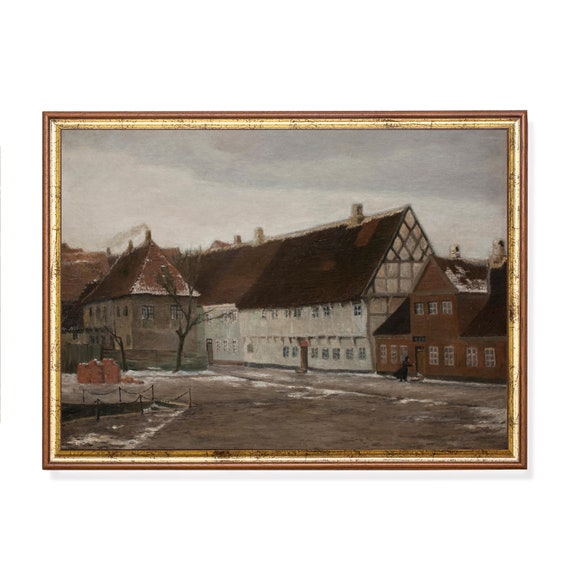 Printed And Shipped Vintage Architecture Painting Antique Winter Scenes Rustic Moody Print Holiday Farmhouse Decor Physical Prints