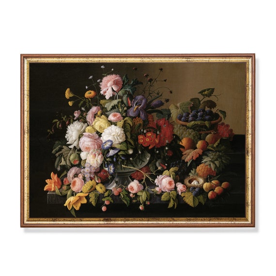 Print And Ship Vintage Still Life With Fruits And Flowers Antique Fruits Painting Kitchen Decor Dark Academia Moody Rustic Art