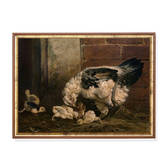 Mailed Print Vintage Chicken And Hen Painting Antique Rooster Print Farmhouse Decor Moody Rustic Animal Painting Print And Ship