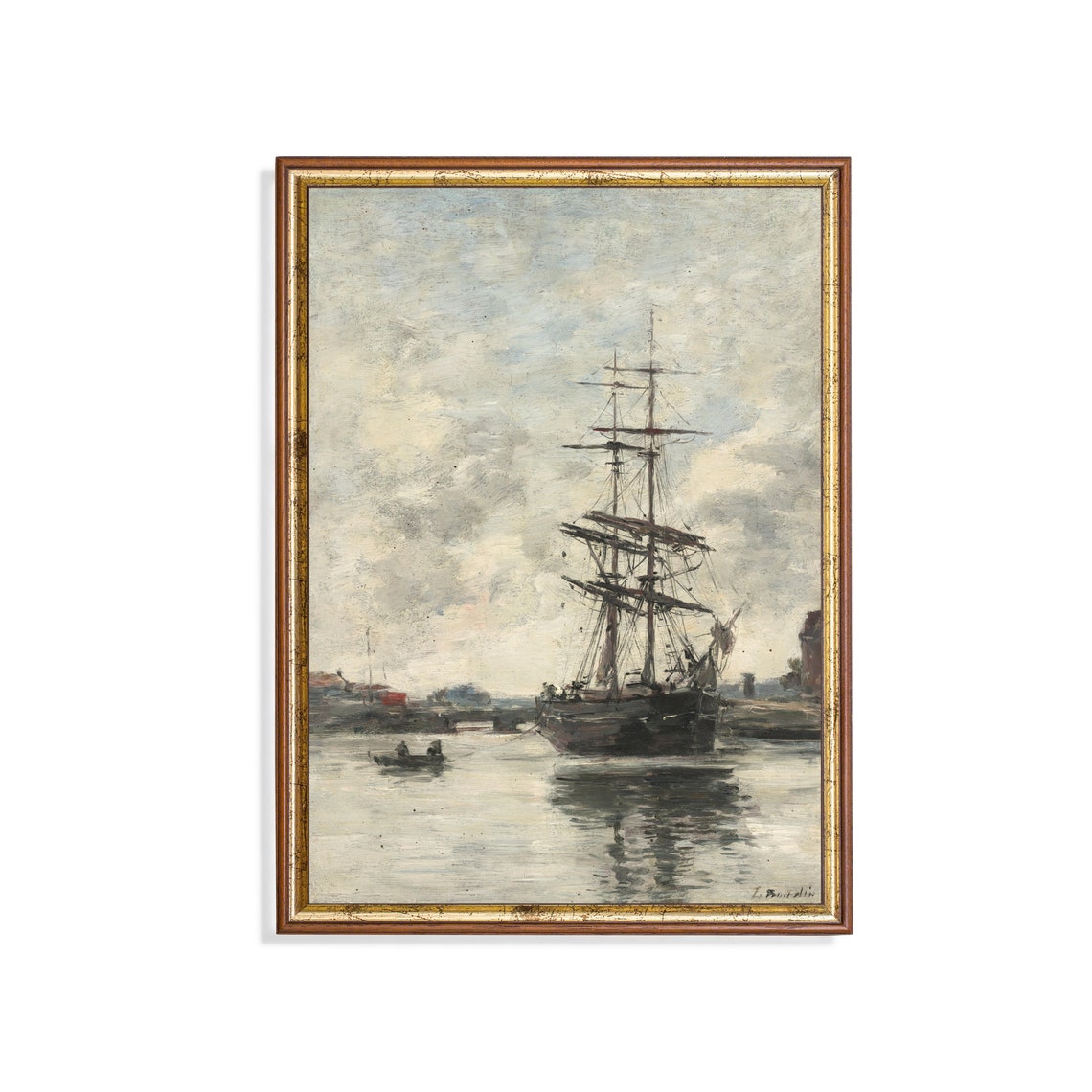 Tall Masted Ship Moored In A Quiet Harbor Antique Nautical Art Poster