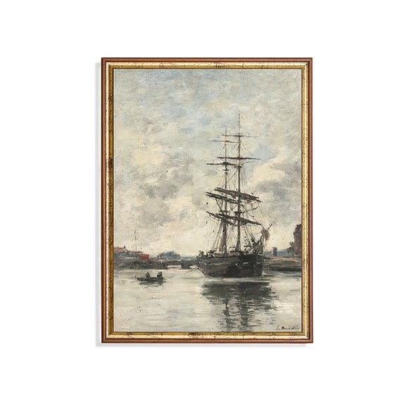 Vintage Sailing Ship Painting Muted Seascape Print Ocean Beach Art Nautical Decor Wall Art Fine Art