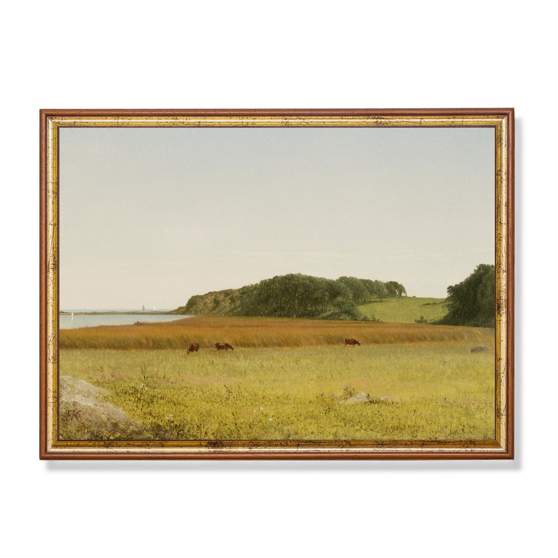 Serene Coastal Meadow Cows Grazing Luminous Vintage Landscape Poster
