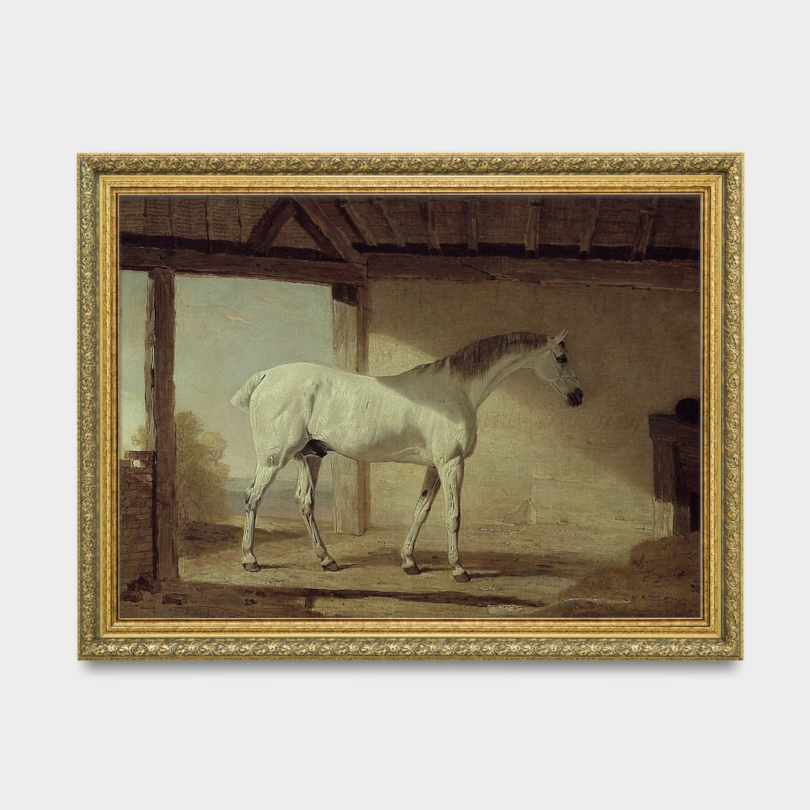 White Horse Standing in a Stable Vintage Equestrian Art Poster - Image 3