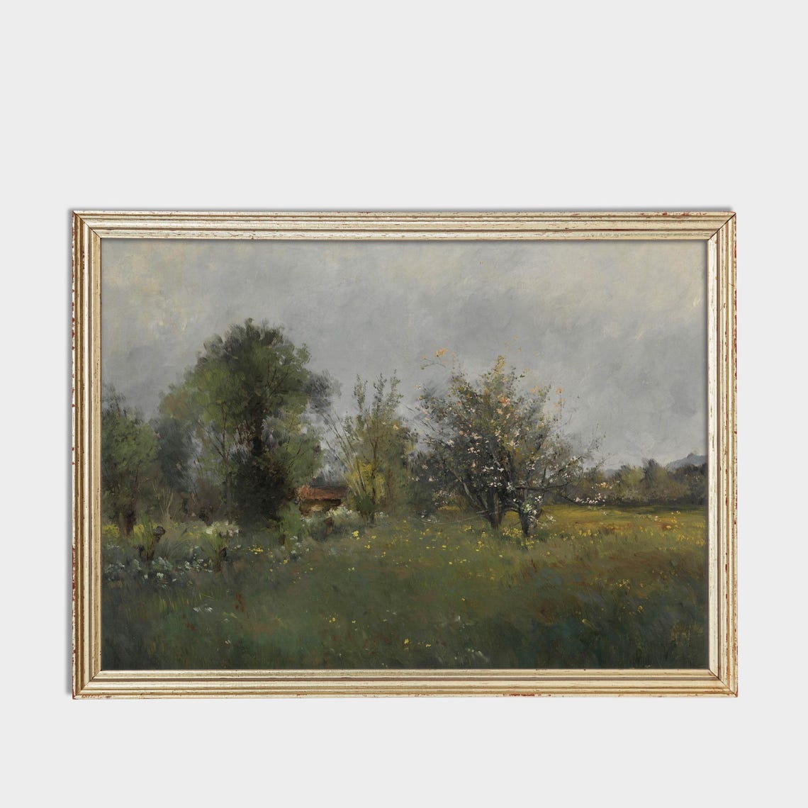 Green Meadow with Trees and a Distant Farm Vintage Landscape Poster - Image 3