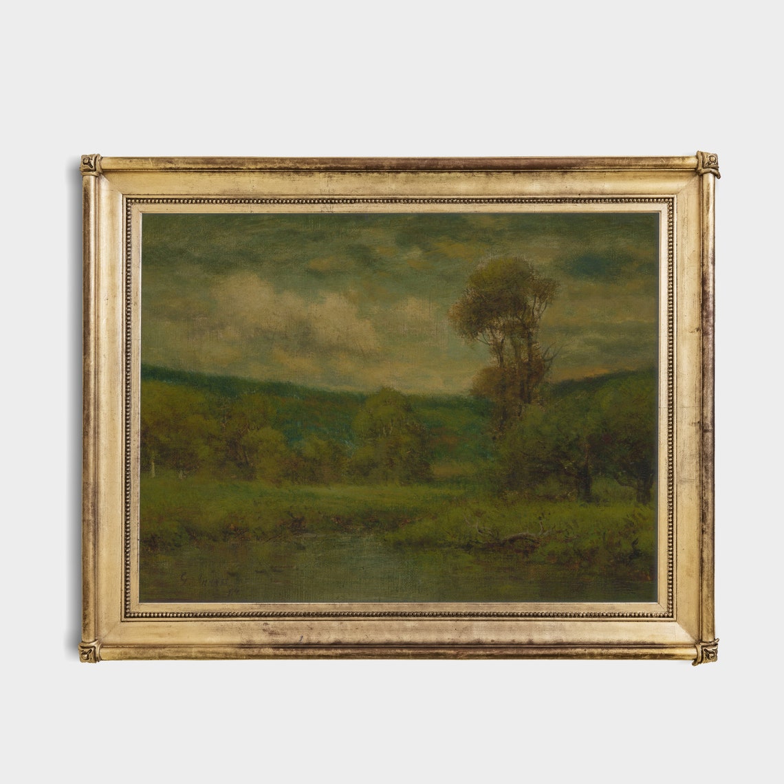 Green Valley With Stream Under a Moody Evening Sky Painting Poster - Image 2