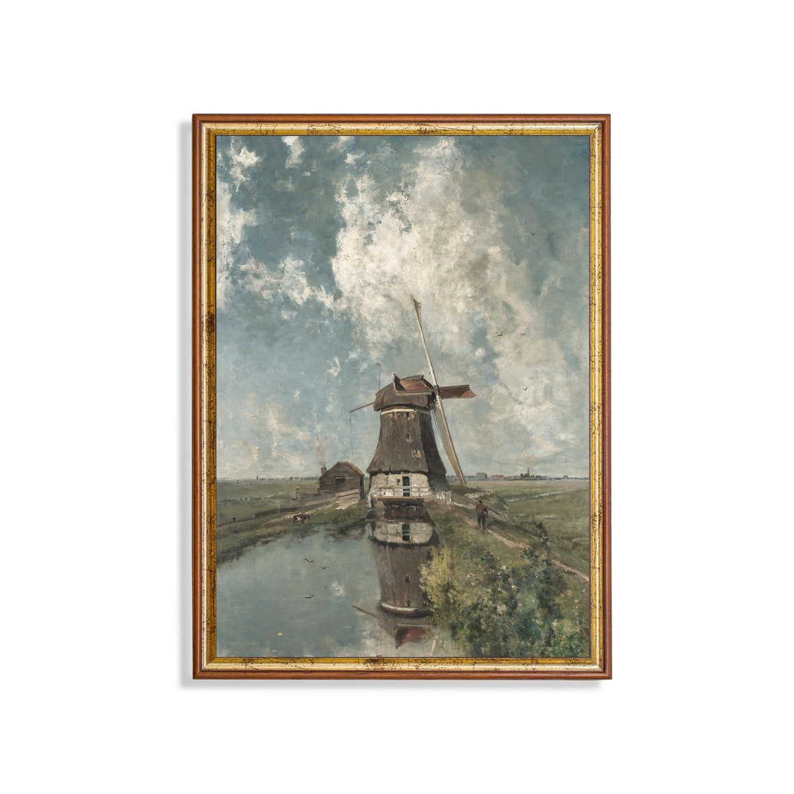 Old Dutch Windmill Reflected in a Still Canal Antique Landscape Poster