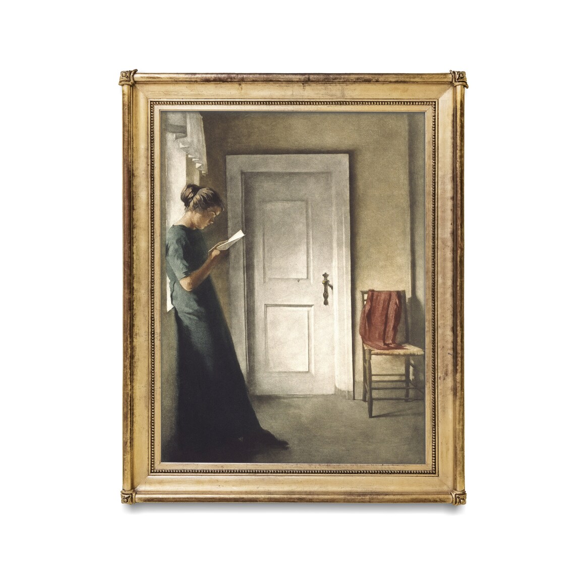 Woman Reading a Letter by the Door in a Quiet Interior Vintage Poster - Image 2