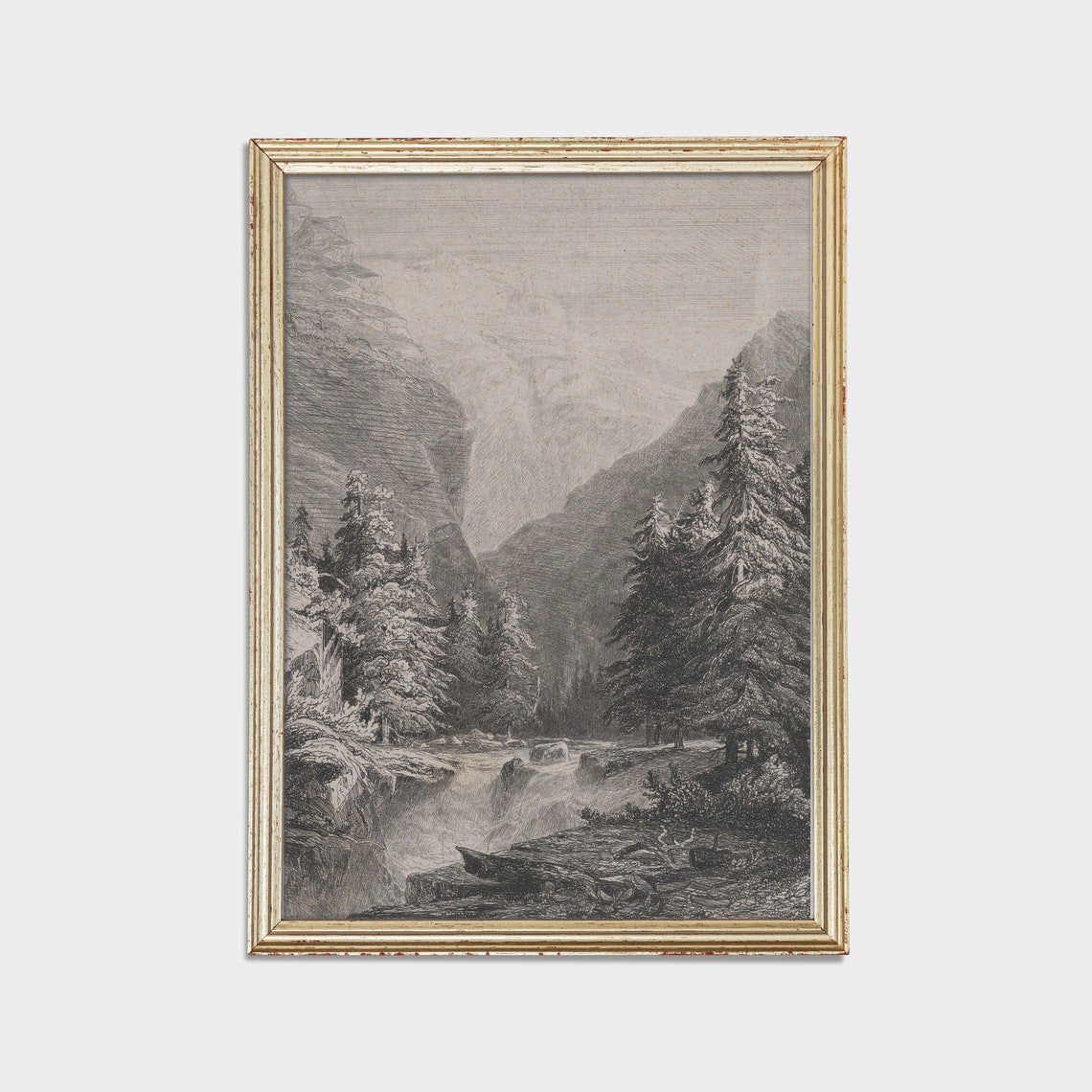 Antique Engraving of a Pine Forest Mountain Valley Waterfall Poster - Image 2