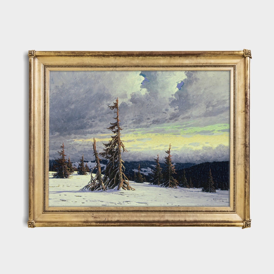 Wind Bent Pines on a Snowy Mountain Ridge at Dusk Vintage Poster - Image 2